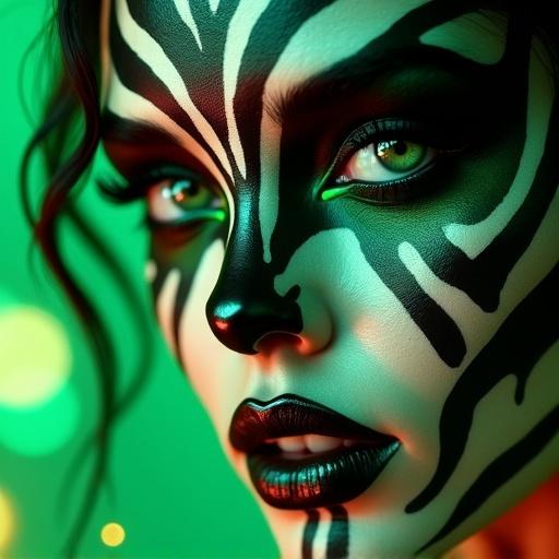 Ultra-realistic close-up of a painted face. Bold tribal stripes in black and white resembling zebra patterns. Emerald green eyes with intricate lashes. Glossy green-black ombré lips with a smooth skin texture. Soft gold-green bokeh lights in the background. Cinematic lighting highlights contours.