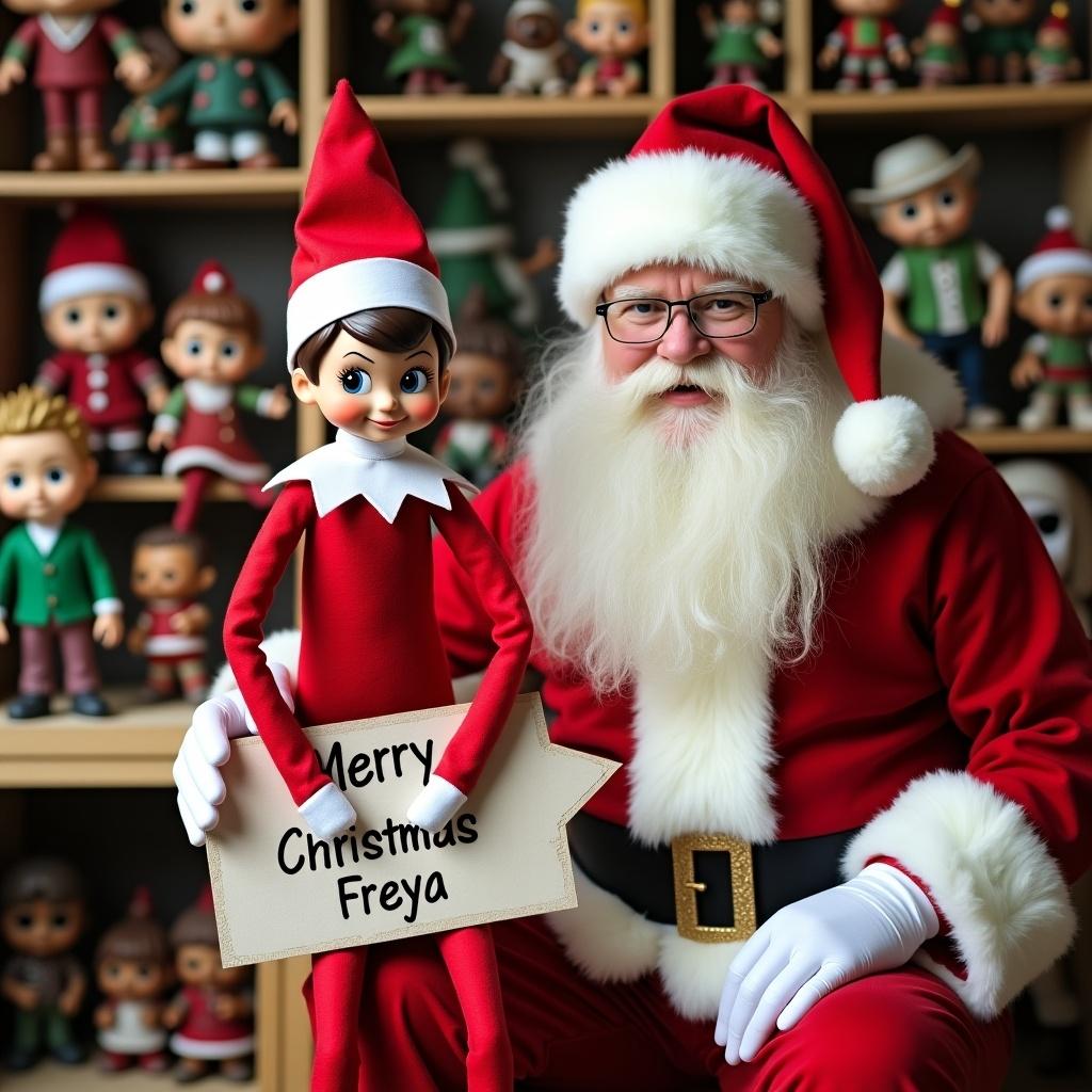 Image depicts Elf on the Shelf in red outfit with white trim. Elf holds a sign that says ‘Merry Christmas Freya’. Santa Claus sits beside the elf in a toy workshop. Funko Pops are in the background.