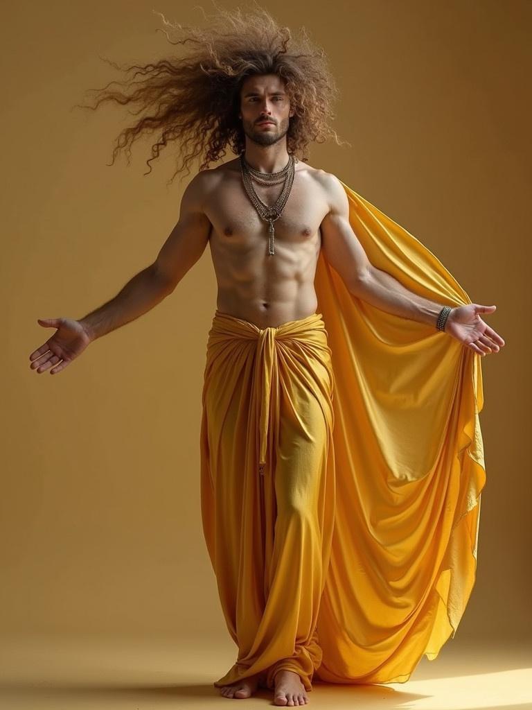 A man with a unique hairstyle reminiscent of classical artwork. His arms are extended open invitingly. He is draped in a flowing golden silk garment. The background is a warm yellow that emphasizes his pose.