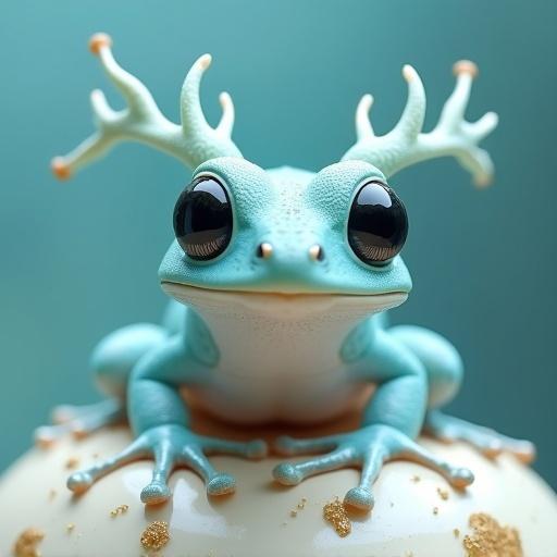 Stylized amphibian creature resembling a frog with exaggerated features and antler-like projections. It has large black eyes. The color transitions from icy blue to pale white. Background is soft teal gradient, blurred. Creature is on a pale surface with gold speckles. Soft textures and magical ambiance.