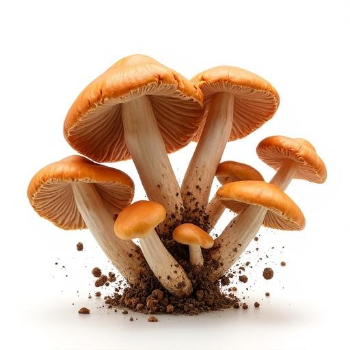 Dried porcini mushrooms arranged to show an explosion against a clean white background. Focus on the texture and color of the mushrooms. Include details of the earth and debris around the base.