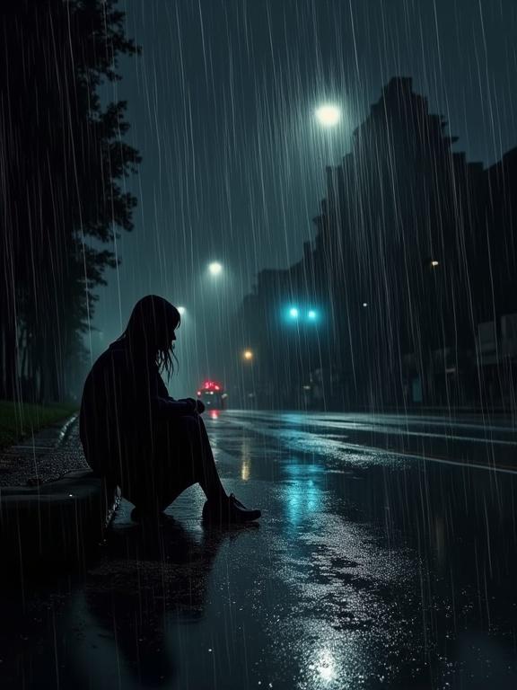 Silhouette of a person sitting on a curb at a deserted bus stop. Rain pours down in diagonal streaks. Wet and reflective ground. Abstract low angle style with dynamic outlines. Dark minimalist background.