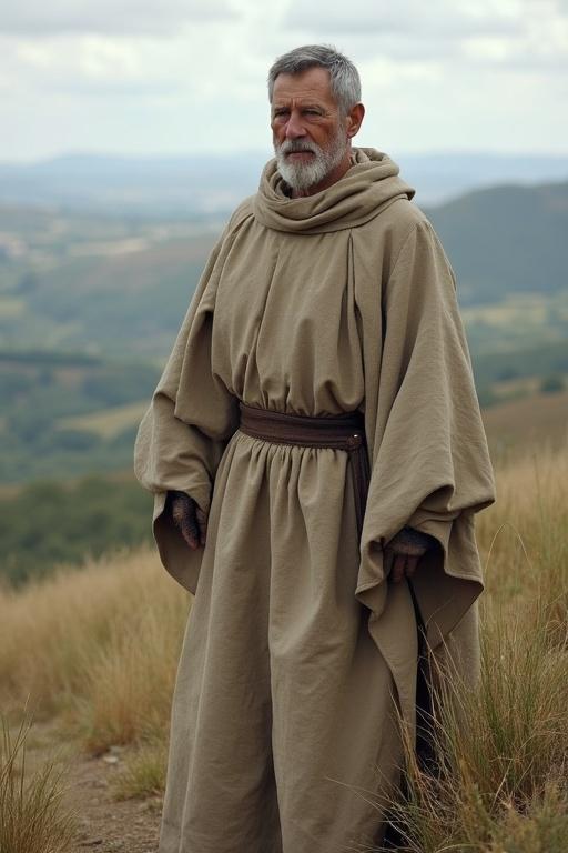 An old ascetic priest stands on a hill in southern France. He wears a natural-colored ceremonial robe. The scenery is lush and serene. The priest appears stern and wise while contemplating the landscape.