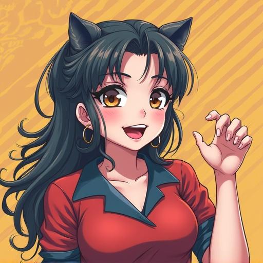 A cartoonish character with long black hair and cat ears. The character is smiling and has jewelry on. The outfit is colorful and playful in style. Background features warm tones.