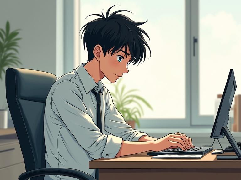 Illustration of a young man working as a psychologist at his desk in an office. He has black hair, a white shirt, and tie. He is leaning back while typing on a computer. The setting has plants and a bright window.