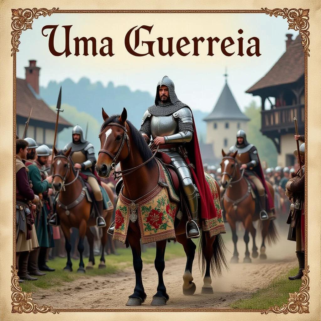 Armored knight riding a horse. Background includes other knights and medieval buildings. Richly decorated cape and armor. The scene evokes a sense of strength and nobility.