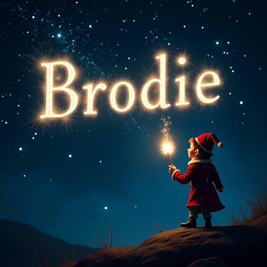 An elf uses a wand to create sparkling names in the night sky. The name 'Brodie' shines brightly. The overall atmosphere is dark and magical, creating a fantasy world.