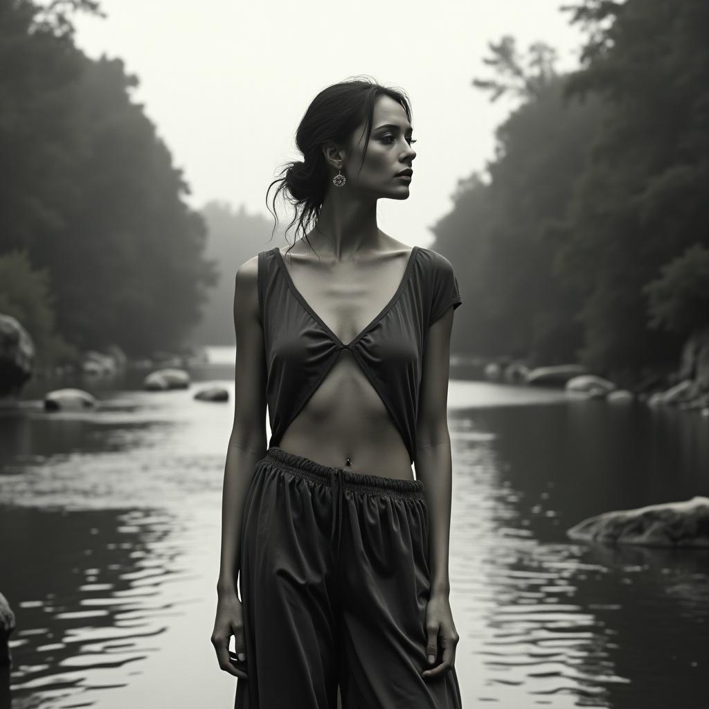 Model stands gracefully by a serene river. Ethereal expression and minimalist attire. Nature and tranquility evoke strong emotions.