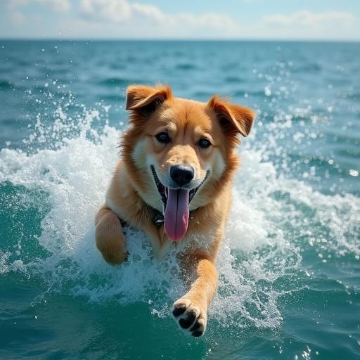 A dog diving into the sea with splashes of water around it.