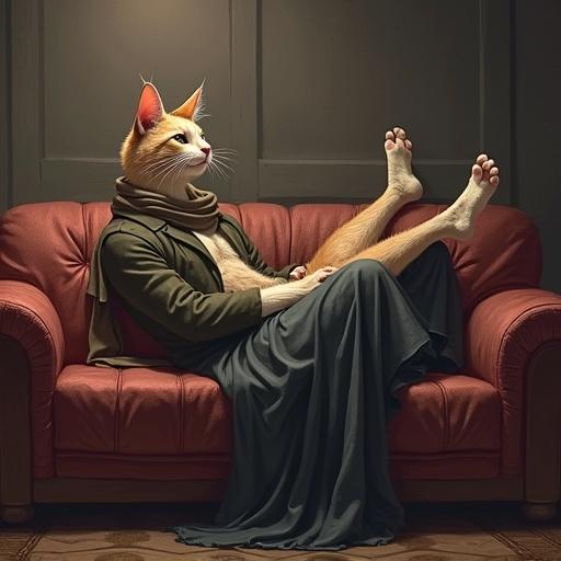 Fantasy setting with a lounging anthropomorphic cat named Javi. Javi is a wizard and thief with short fur and big ears. He wears a long coat and is lying on a couch with his legs up while Ken, a human, holds Javi's legs.