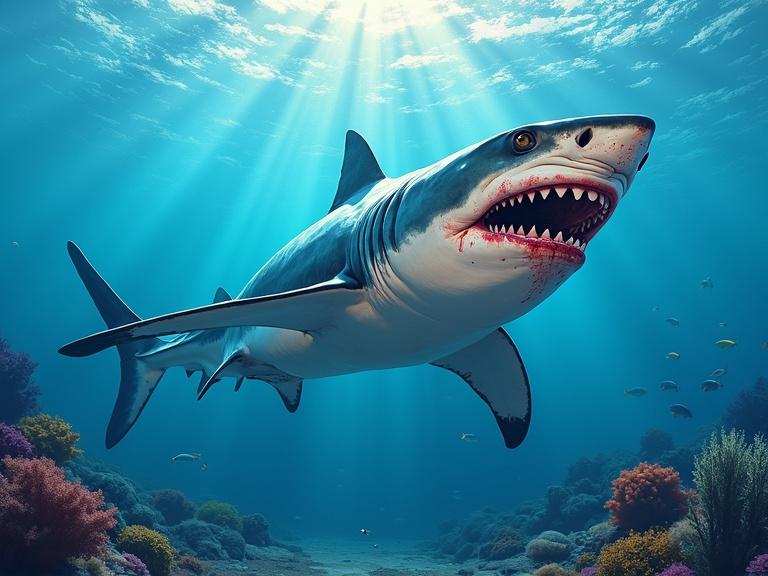 Clear underwater view features a giant shark at the viewer. Shark shows bright colored accents and blood. Coral reefs surround the scene. Sunlight streams through water.