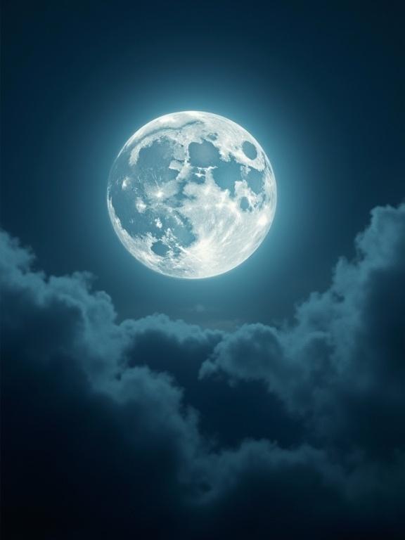 A bright full moon rises over a serene night landscape. Soft clouds surround the moon. The scene evokes the end of the day and the beginning of the night.