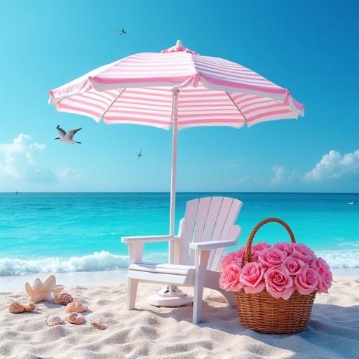 Beach scene features a striped pink and white umbrella. An Adirondack chair sits beside a basket filled with pink roses. Sand and seashells decorate the beach. Seagulls fly in the background. Ocean waves wash ashore. Bright sunny day captures a serene atmosphere.