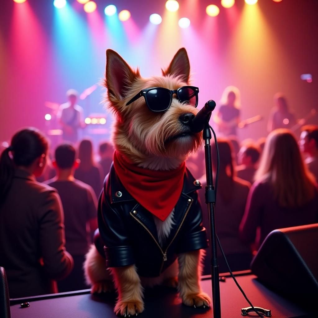 In a lively concert setting a fashionable dog stands confidently in front of a microphone. The dog wears a leather jacket sunglasses and a red bandana. The audience and colorful stage lights create an energetic atmosphere.