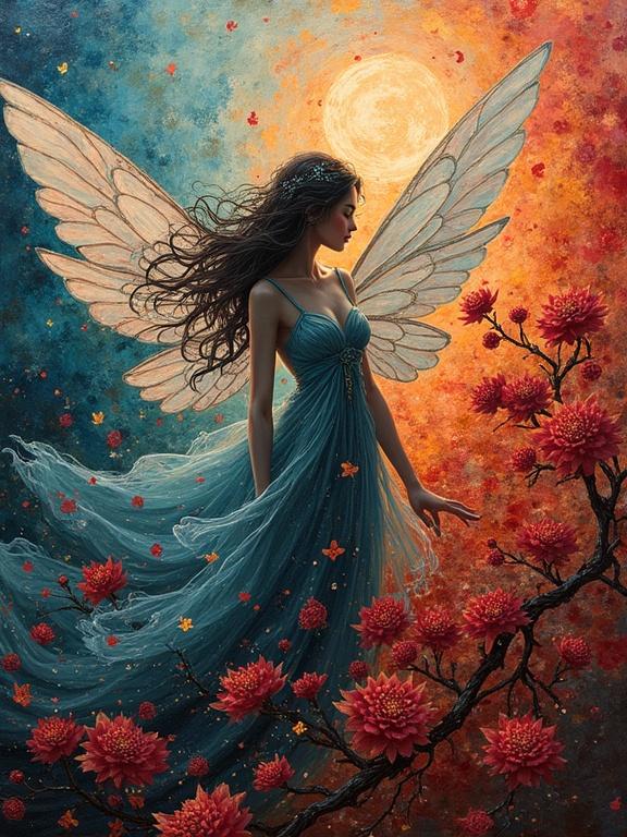 Dramatic oil painting of a fairy in a flowing gown surrounded by flowers. Background features a glowing moon and rich colors. Inspiration from Japanese woodblock prints and anime style.