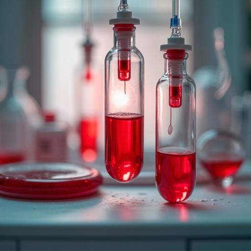 Image shows glass bottles with red liquid in a laboratory setting. Some are connected to tubes. Focus on the bottles and their reflections. Soft lights create a clear view of laboratory instruments.
