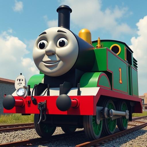 Thomas the tank engine featuring large muscular arms. Friendly face and bright colors. Cartoonish style with a smiling expression.