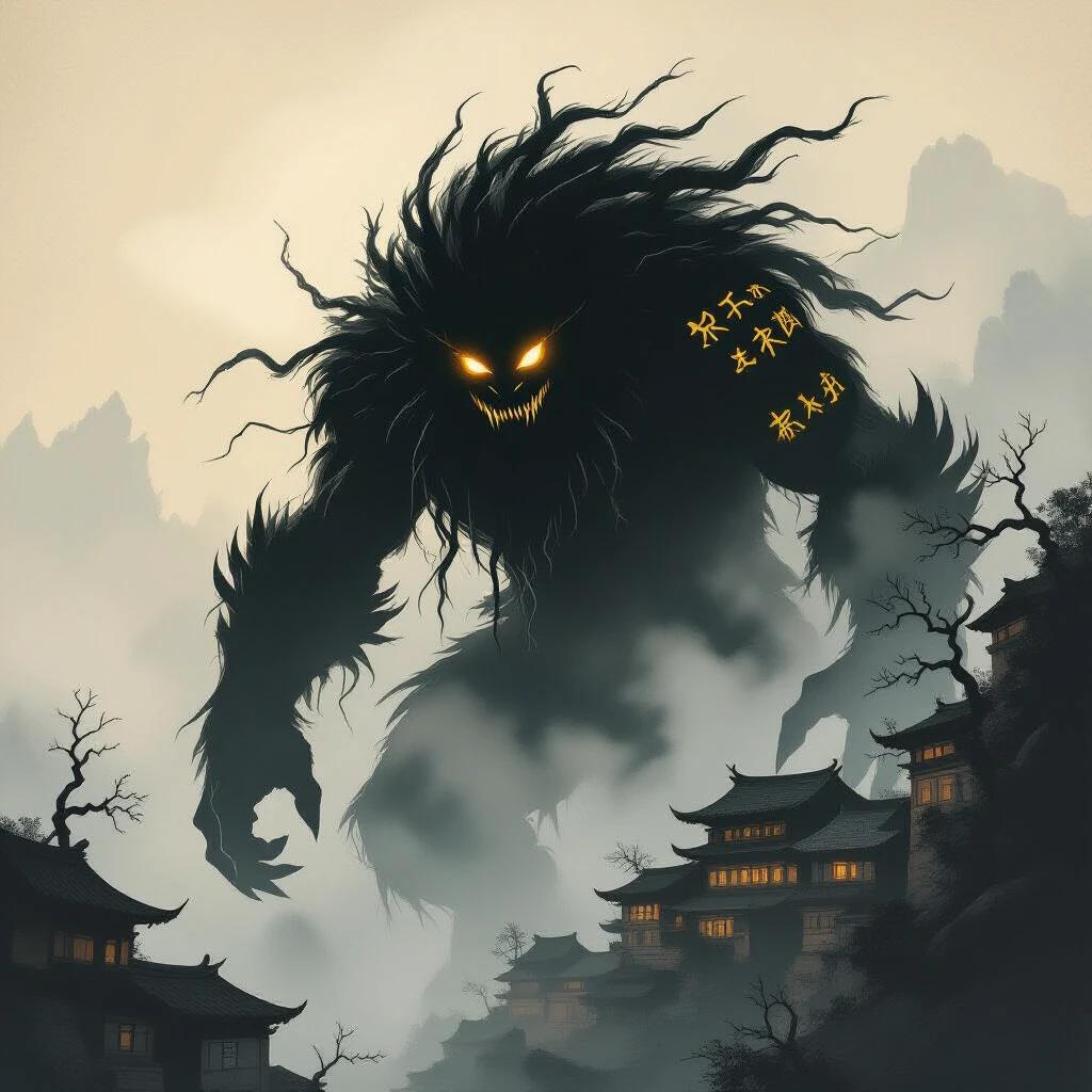A hulking shadowy creature with glowing eyes is seen through fog. The creature has long tangled fur and blends into gnarled trees. Ancient runes are etched into its skin. High contrast black ink illustration with expressive brush strokes on parchment background.
