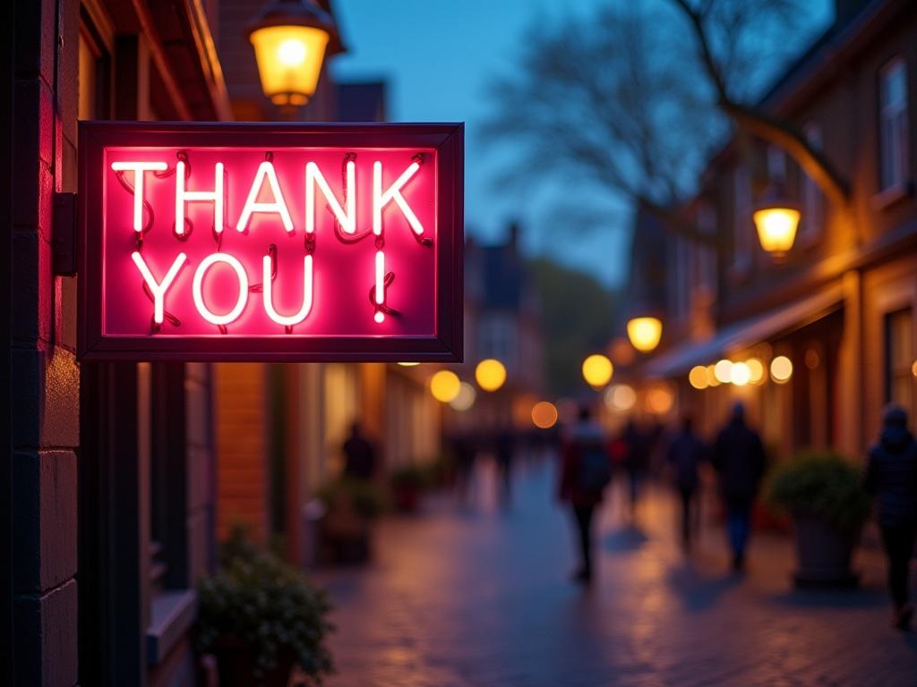 Imagine a cozy, romantic street scene at dusk. In the foreground, a neon sign glows softly with the message "THANK YOU !" in bright pink and yellow hues. The sign radiates warmth and appreciation, contrasting against the cool blue twilight sky. Street lamps cast a gentle light along the cobblestone path, inviting people to stroll and enjoy the ambiance. The blurred outlines of quaint shops and trees fill the background, enhancing the intimate atmosphere.