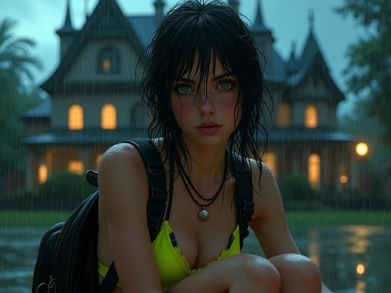 Young rebellious woman sits in rain at dusk in front of gothic-style mansion. She has bright green eyes and wet black hair. Expression is fearless and calm. Wears bright neon bikini, black backpack, katana on back. Cinematic, moody atmosphere with soft rain reflecting dim street lights.