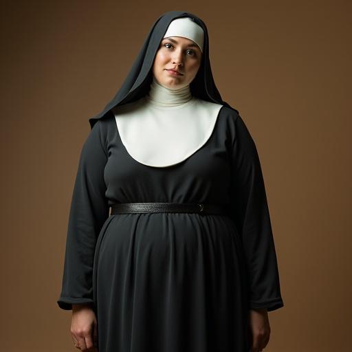 A full-figured nun stands gracefully. She wears a traditional habit. The attire features a fitted waist. The background is a neutral brown tone. Lighting highlights her silhouette. The composition is centered and focused on her attire.