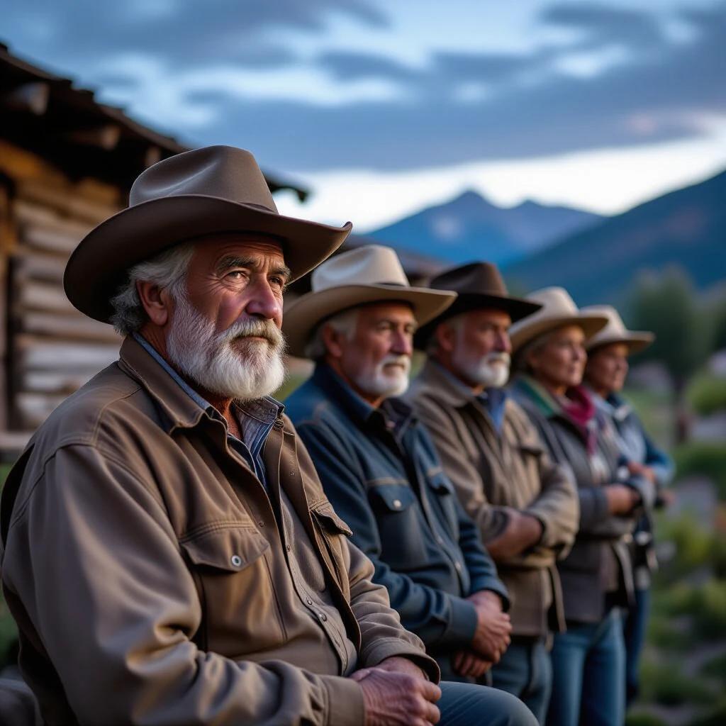 Five cowboys sit together wearing hats. They are in a rural setting near a wooden building. The atmosphere is calm and reflective at twilight. Mountains are visible in the background.