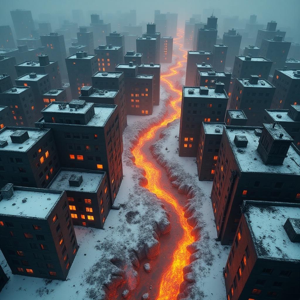 Top-down view of post-apocalyptic city. Buildings show devastation. Lava flows through some areas. Snow covers other parts. Stark contrast creates chaos.