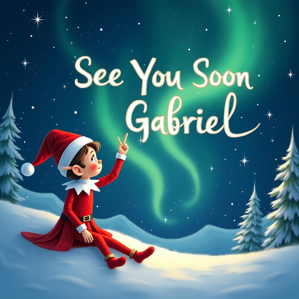 The image features a whimsical elf seated in a snowy landscape, gazing up at the night sky. The sky is illuminated by the vibrant northern lights, showcasing green and blue hues. The elf is wearing a classic red suit with a pointed hat and is pointing upwards. Above the elf, the text 'See You Soon Gabriel' is artistically written, seemingly floating in the air. The atmosphere is magical and festive, capturing the essence of holiday cheer.