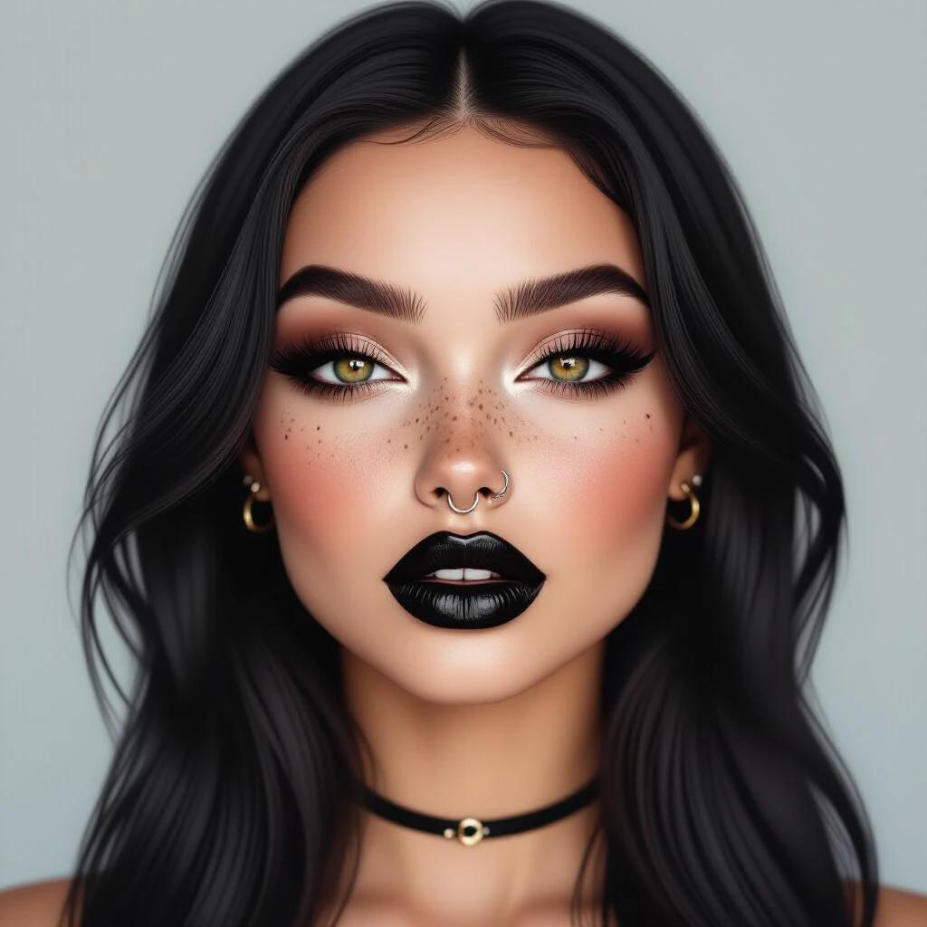 Realistic portrait of a gothic woman. She has plump lips with black lipstick. Her eyes are black with long lashes. Bold eyeliner and smoky eyeshadow are present. Brown freckles on her nose and cheeks. She has piercings. Long dark hair flows freely. The image has soft lighting and a neutral background.