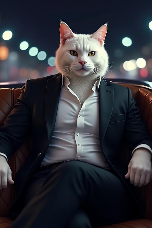 A strong muscular white male anthropomorphic cat with smooth fur sits calmly in a luxurious car. He wears a white dress shirt, an open black blazer and black trousers. His expression is serene. The background shows an elegant interior of a high-end car cruising through a brightly lit city at night, reflecting sophistication.