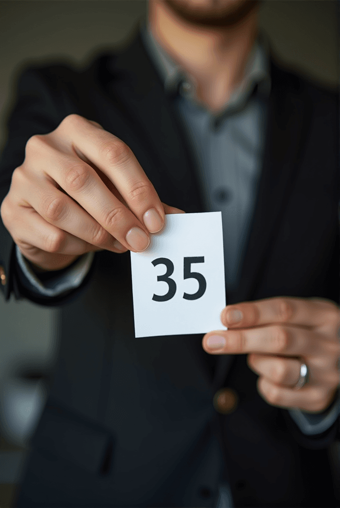 A person in a suit holds a card with the number 35.