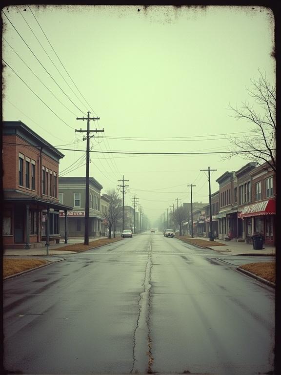 A small Midwest rural town from the 1970s depicted in a pinhole style. Aging effects visible with chromatic aberrations. Streets are empty and feature a double exposure effect.