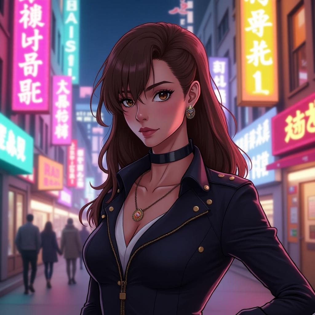 Female character with brown hair in masculine outfit stands confidently. Neon signs glow in the background. Character wears a sacred ring.