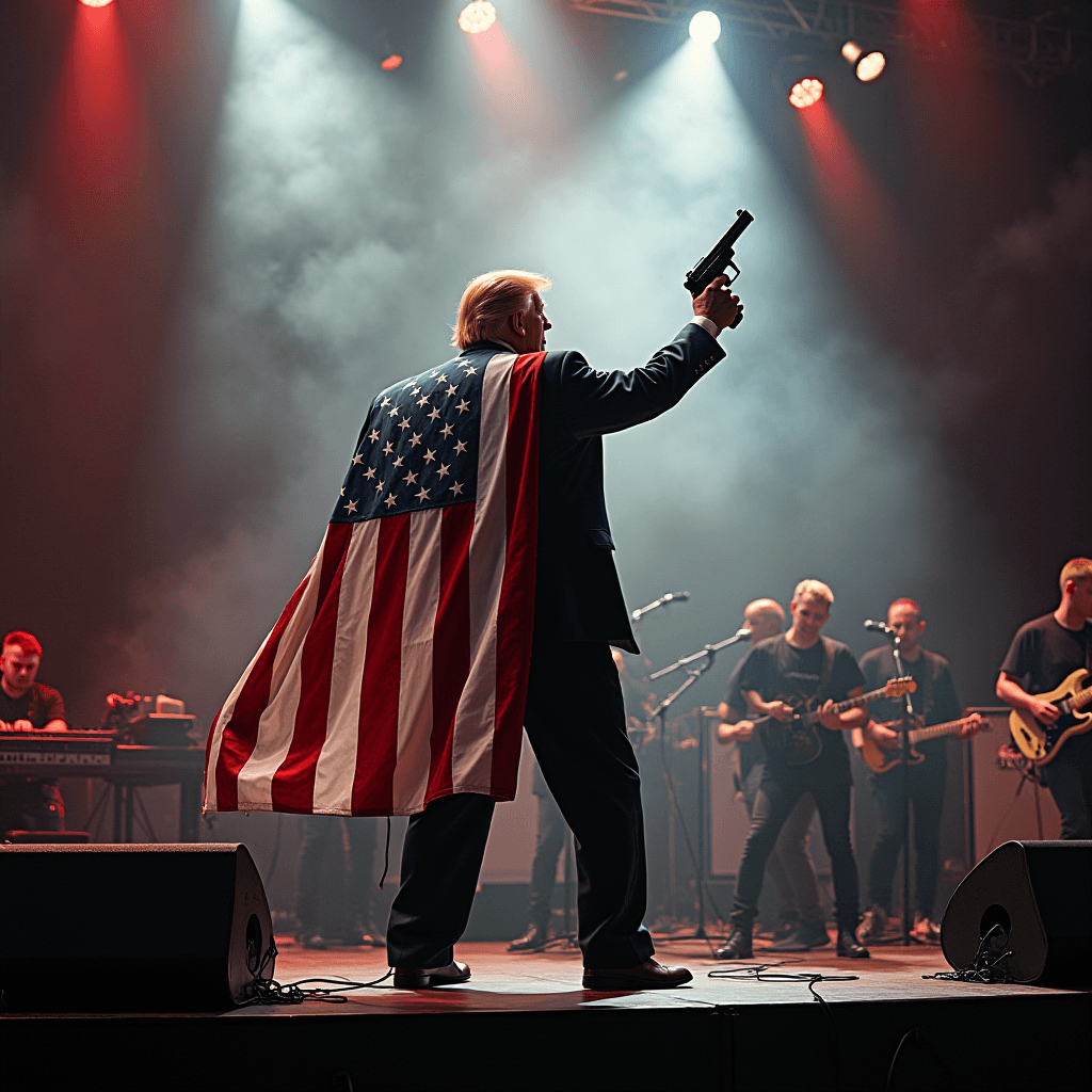 A person on stage with an American flag cape holds a toy gun aloft amidst dramatic lighting.