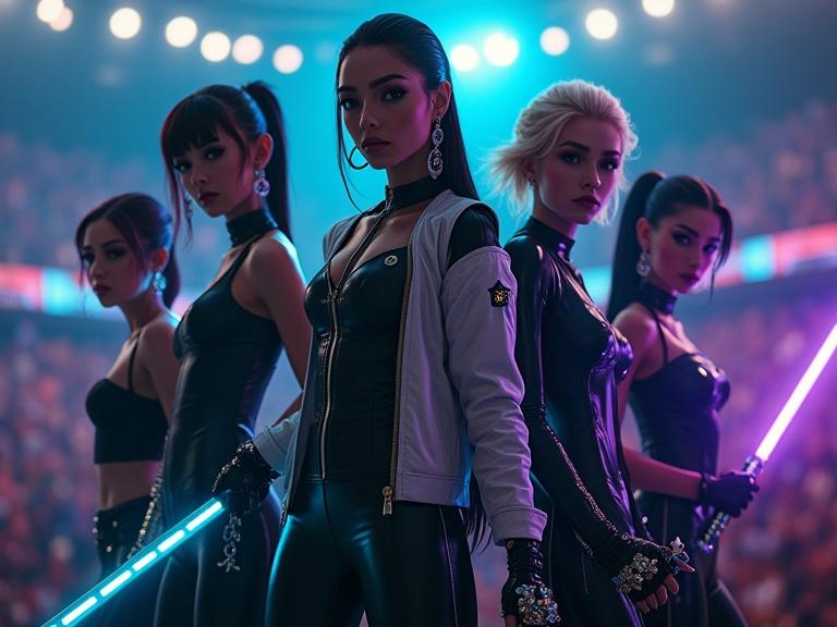 Dark cinematic live action image with five female characters. Characters are stylish heroes in chrome suits. One woman has a ponytail and holds a glowing blue sword. Another has a bob haircut and a glowing blue disk. A platinum blonde with pigtails holds a light purple wand. Another wears chrome sunglasses and holds a silver energy gun. The last woman has curly hair with streaks and holds sleek silver blades. Arena background with vibrant lighting effects.