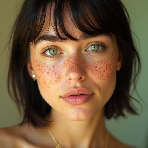 Close-up portrait of a young woman with warm textured skin covered in reddish-golden freckles. Straight dark ash hair in a bob with a fringe. Light green almond-shaped eyes and full lips with gloss. Wearing a thin golden necklace and minimalist earrings. Neutral expression and a softly blurred warm pastel background. Natural diffused lighting with a golden tint. Digital painting style with realism.