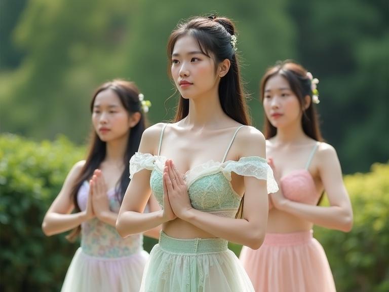 Three young women practicing yoga in an outdoor garden. They wear pastel-colored outfits with lace accents. The scene depicts a serene atmosphere with lush greenery. The lighting is soft and natural. Each woman showcases a graceful pose. Their outfits feature sweetheart necklines and off-the-shoulder designs. Hair tied back, creating an elegant look. Vintage and fairytale mood is created by the style of clothing.
