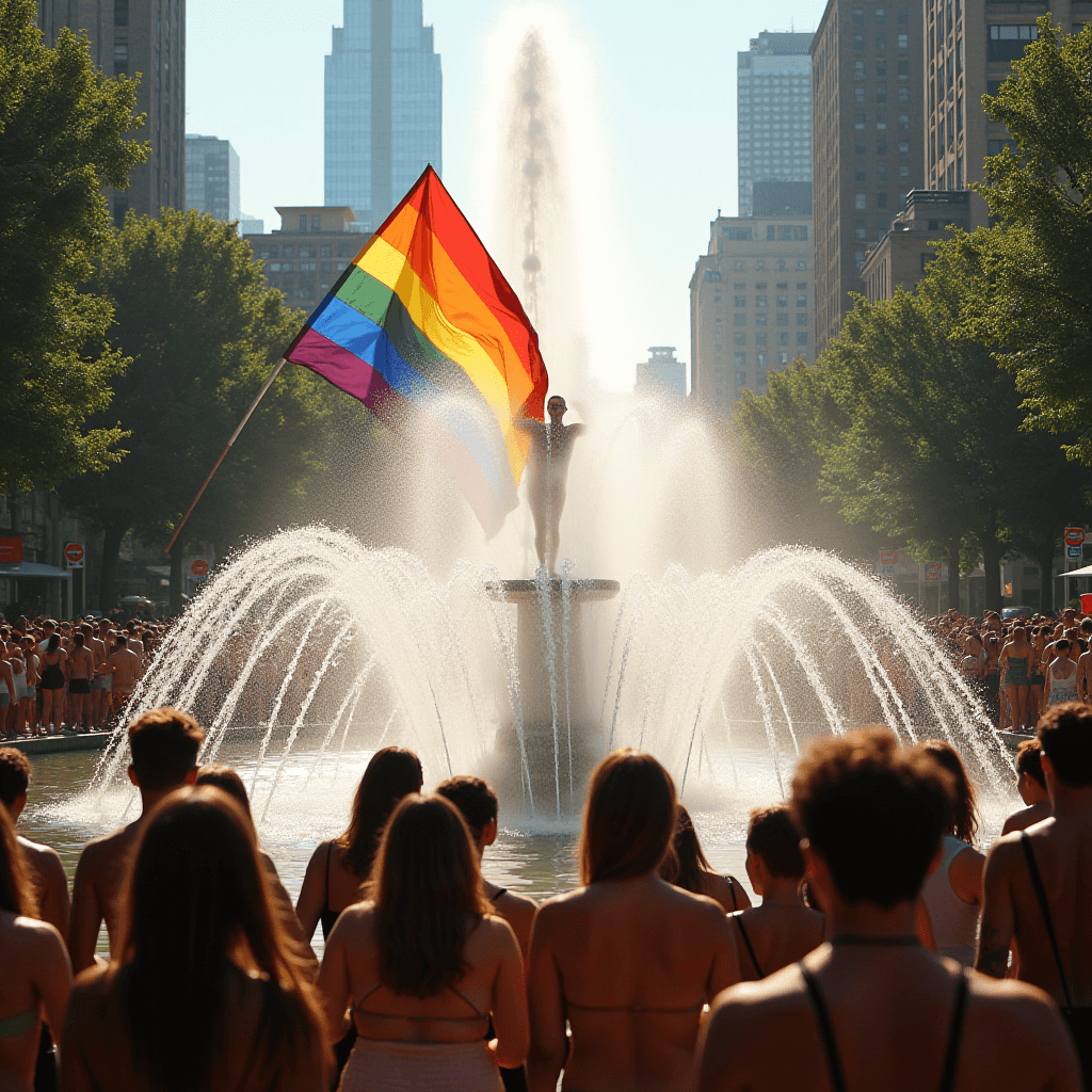 A vibrant pride parade features a large rainbow flag by a city fountain.