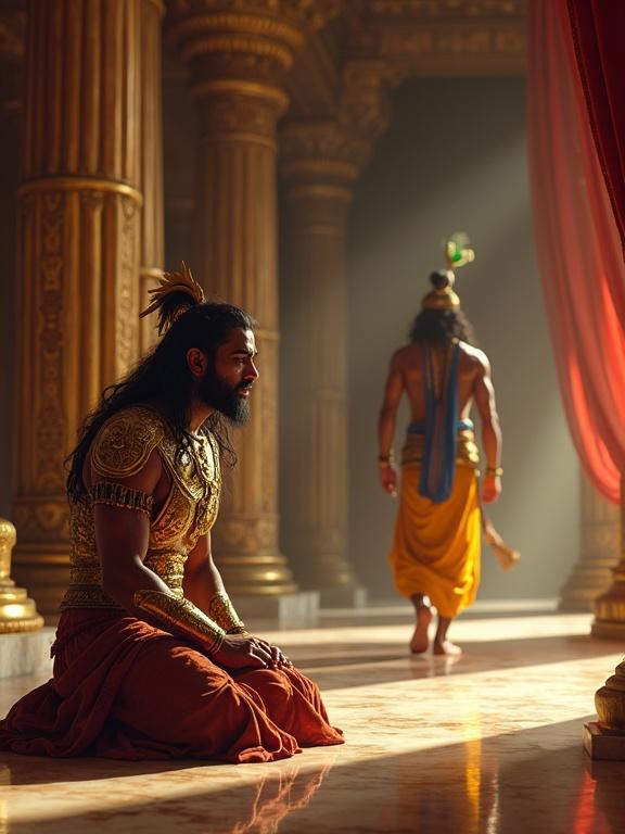 Scene is set in an ancient royal palace hall with tall golden pillars red velvet curtains and polished marble floor. Karna is depicted as a strong muscular warrior king in golden armor down on one knee filled with tears looking distant. A bow lies beside him as he grips his knees. Krishna is seen in the background gracefully walking away wearing a radiant yellow silk dhoti and blue angavastram. The atmosphere conveys sorrow and divine destiny.