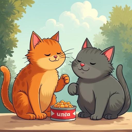 Two cartoon cats enjoying an open can of tuna in a sunny outdoor setting