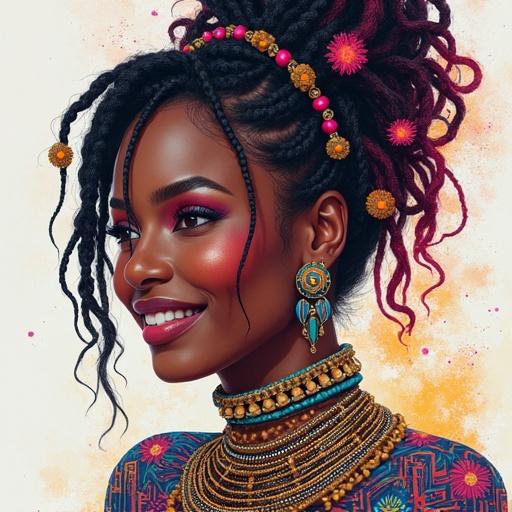 Surreal vibrant digital portrait of a beautiful black female goddess. Modern jewelry on a smiling woman, showing intricately braided short dreadlocks. Features delicate and striking. Glimmering and edgy with a heavenly concept combining modern aesthetics and Nordic elements.