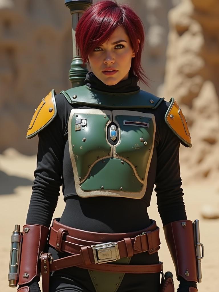 Ruby Rose poses confidently in unique armor inspired by Boba Fett. Armor showcases intricate design and vibrant colors. Background features desert-like landscape evocative of Star Wars setting.