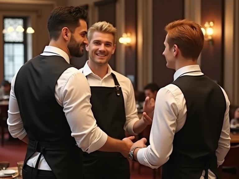 Three waiters in a restaurant setting. Two men stand close together with their backs turned. A blonde male waiter speaks to a guest, smiling. Soft lighting enhances the warm setting. The focus is on their interactions.