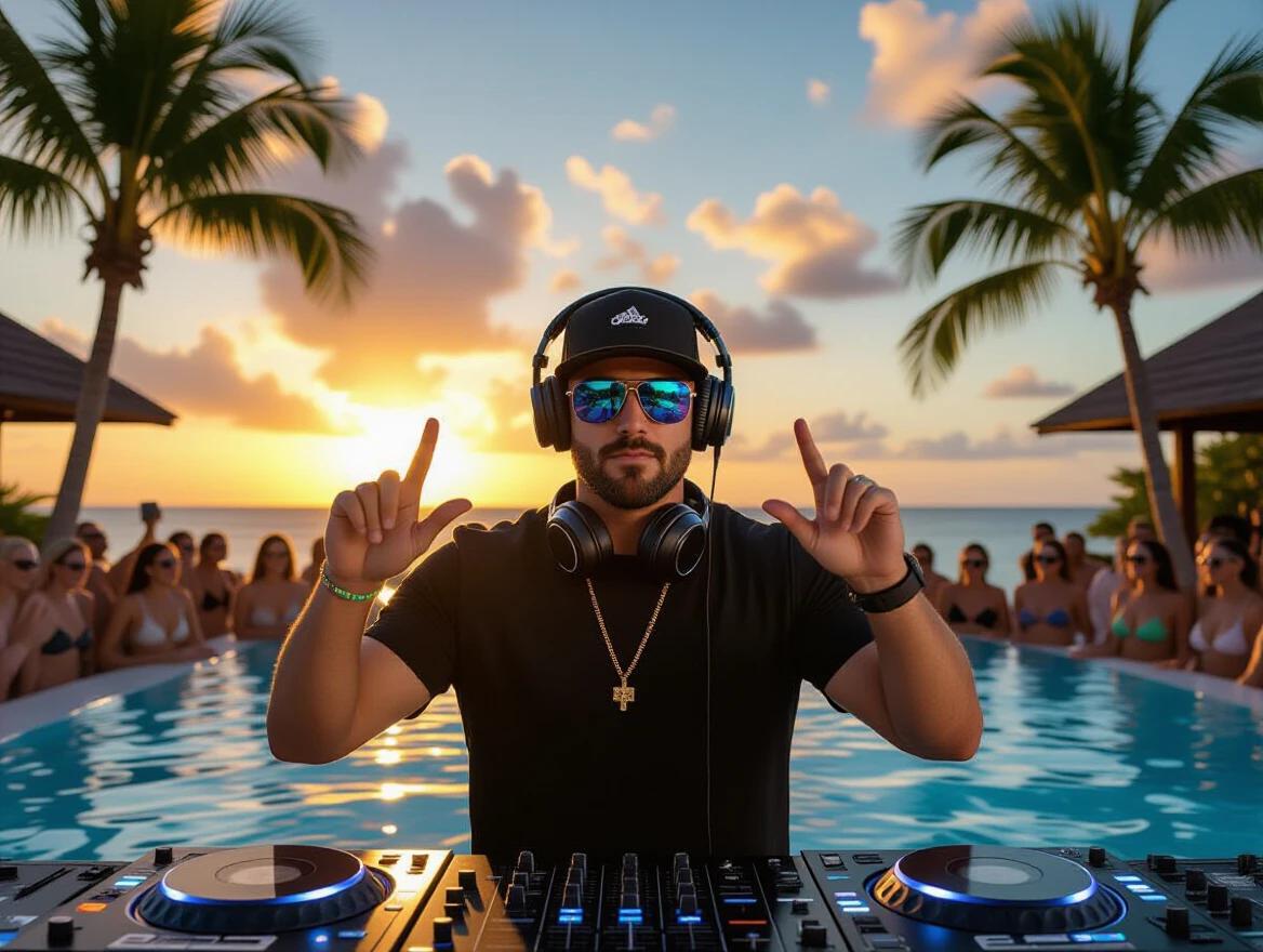 Ultra realistic image of DJ playing at a luxury poolside resort party at sunset. DJ wears sunglasses cap and headphones while making rock hand signs behind the DJ booth. Crowded with people dancing around the pool. Palm trees sway with LED lights reflecting on water.