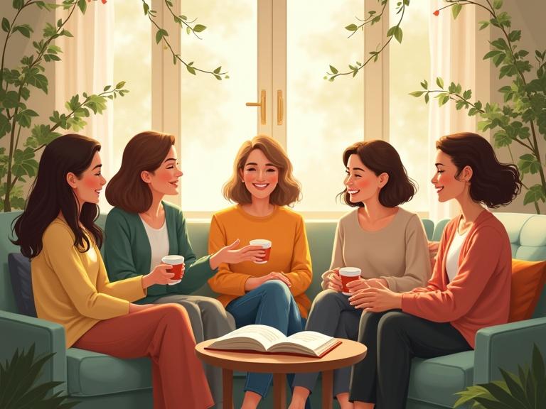 Illustration of a diverse circle of women engaging in conversation in a cozy living room. They are in their 40s and 50s. The setting features plants, soft light, and heart-shaped elements. The women are laughing, listening with empathy, and holding tea cups. The scene conveys trust, sisterhood, growth, and strength during midlife. Earthy tones with touches of gold are used for warmth.