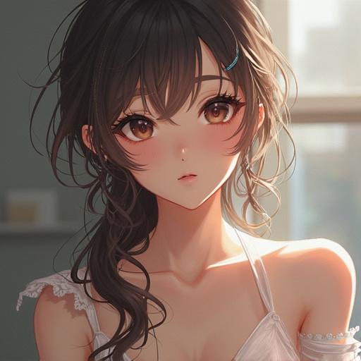 A beautiful young woman sitting by the beach. She has long, dark hair and expressive eyes. Sunlight filters nearby, enhancing her features. She wears a light summer outfit and has a serene expression.