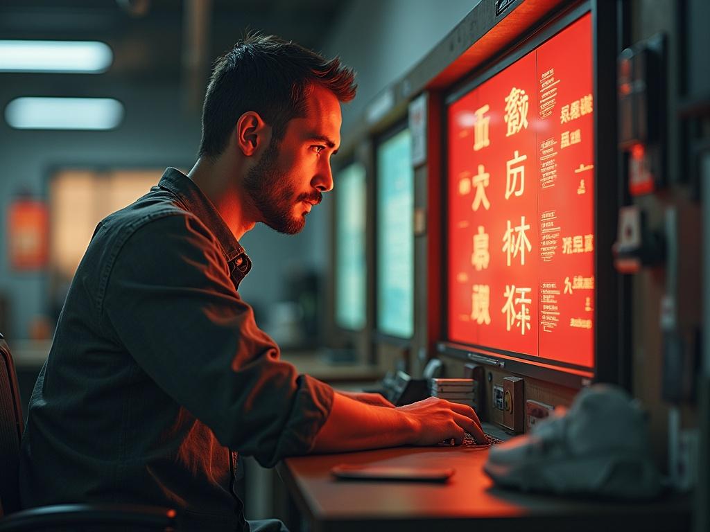 A man working on a computer with a glowing red screen. Focus on the man's profile and the vibrant screen. Ambient lighting in a dim workspace.