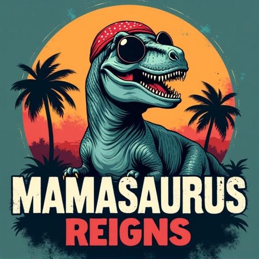 Bold playful t-shirt design featuring styled T-Rex mom. Dinosaur wearing retro red polka-dot bandana and cool sunglasses. T-Rex striking proud pose. Circular vintage background with palm trees and sunset silhouette. Fun tropical-retro vibe. Large distressed bold letters say MAMASAURUS REIGNS. MAMA in white. SAURUS REIGNS in red. Retro rock-and-roll family pride style.