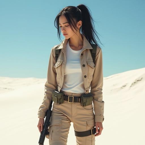 A realistic depiction of a petite female soldier in a light beige short jacket and pants. She stands confidently in a white desert. Sunlight casts shadows on her clothing. The backdrop is a clear blue sky. The scene includes a military-style gun strapped to her. Her dark long ponytail and light eyes add to her character.