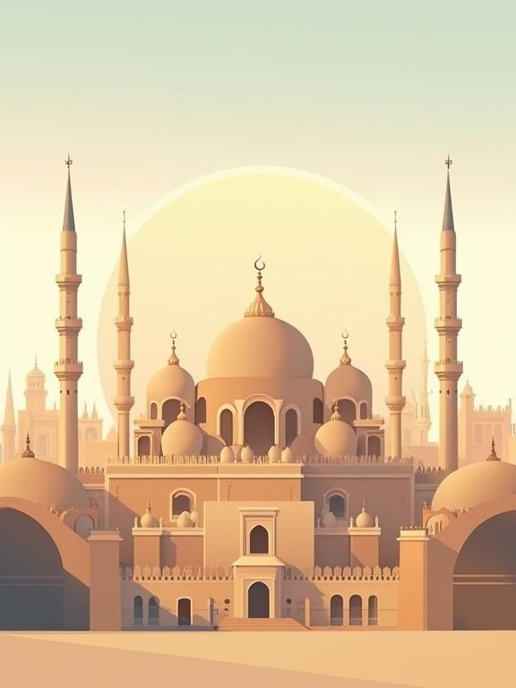 Stylized Egyptian city skyline with Coptic domes and Islamic minarets. Elements from ancient temples combined in one image. Soft pastel colors in a modern graphic style.
